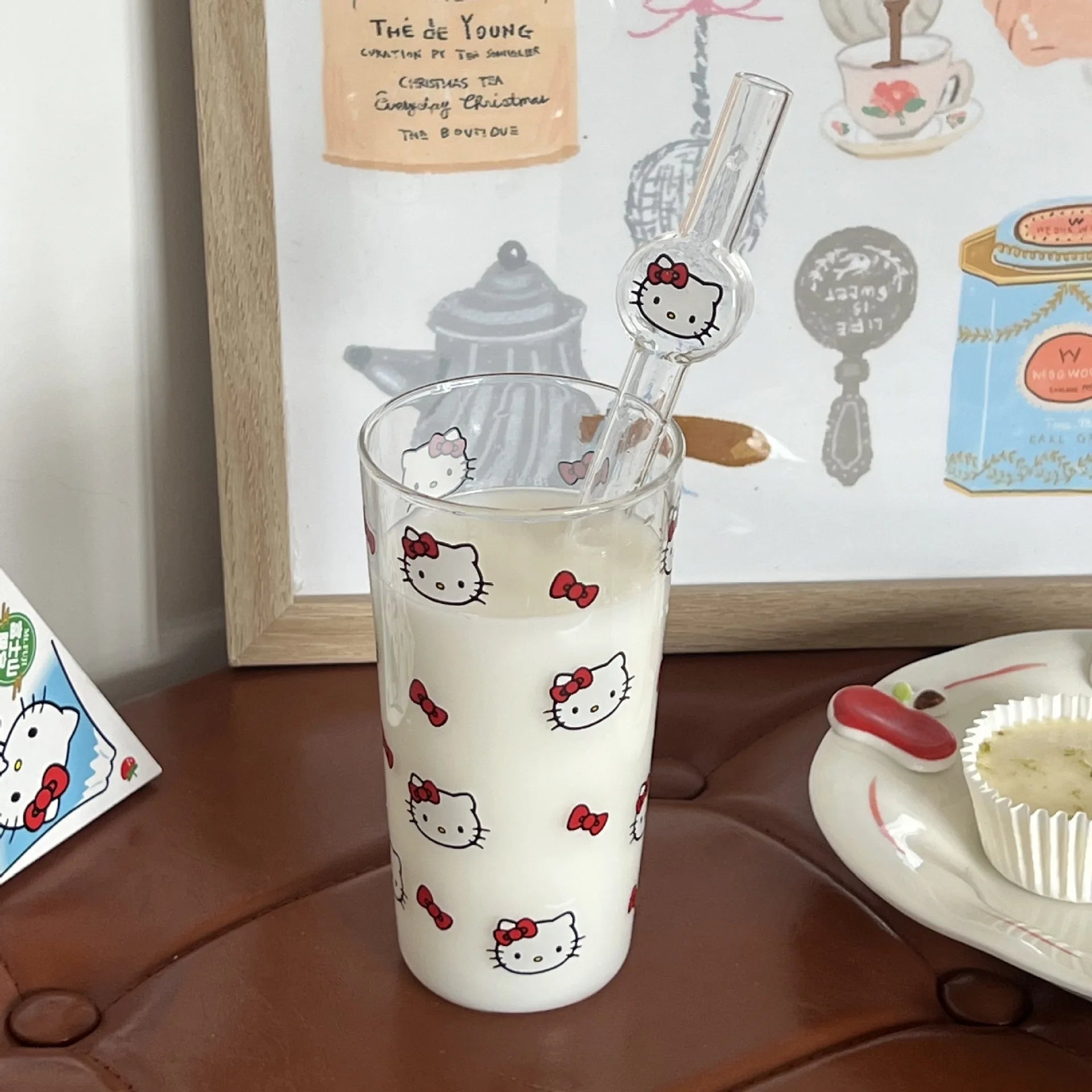 Hello Kitty Anime Ins Style Cute Cartoon Student Glass Straw KT Cat Creative High-value Household Thick Drinking Accessory Gifts