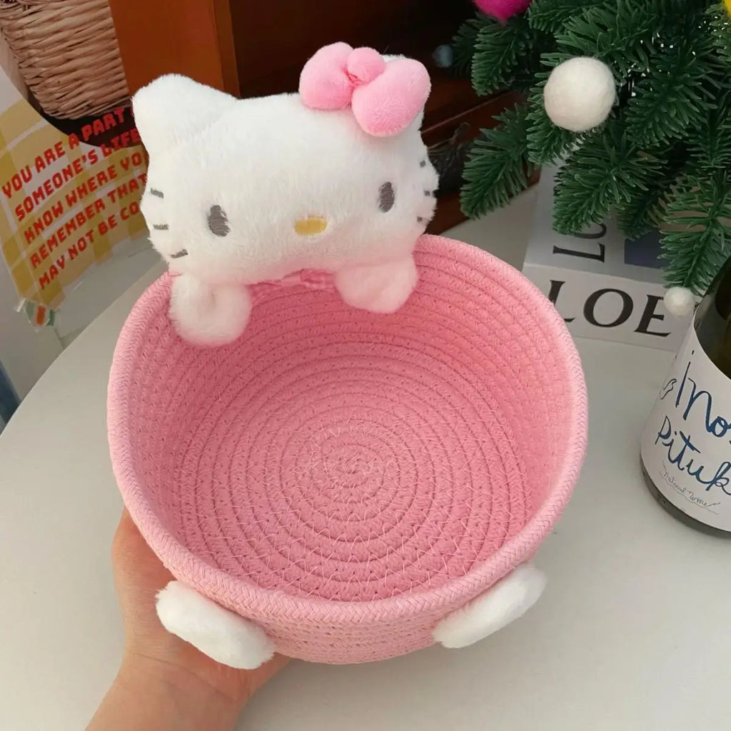 Hello Kitty Kuromi Woven Storage Basket Desktop Clutter Receiver Creative Dopamine Snack Basket Household Cosmetics Storage Box