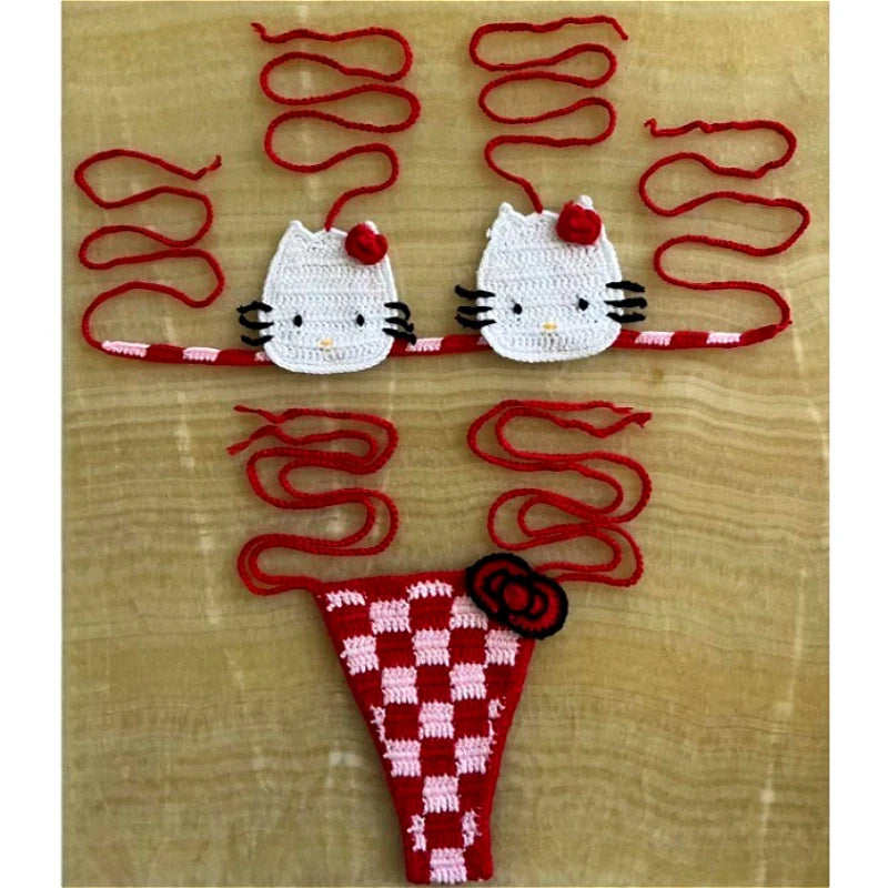 Hello Kitty Inspired Crochet Micro Bikini Set – Cute Kawaii Beachwear for Women