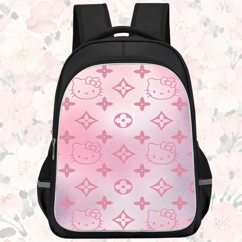 16-inch cartoon children's backpack, unisex, large capacity, double zippered pockets, ergonomic back support, Hello Kitty-theme