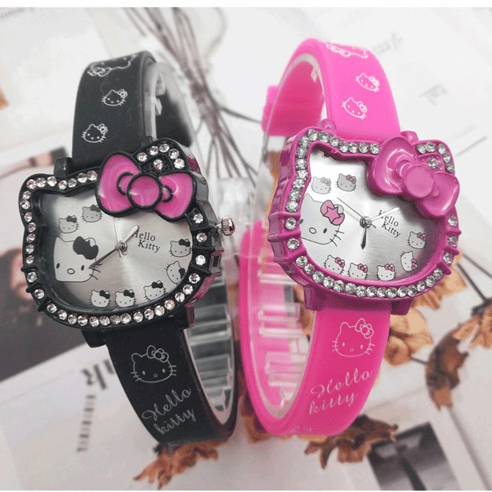 Hello Kitty Children's Cartoon Cat Head Student Electronic Silicone Diamond Bow Quartz Watch Party Kids Girls Gifts