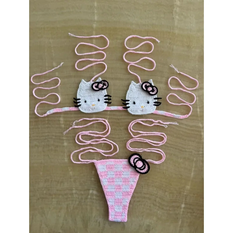 Hello Kitty Inspired Crochet Micro Bikini Set – Cute Kawaii Beachwear for Women