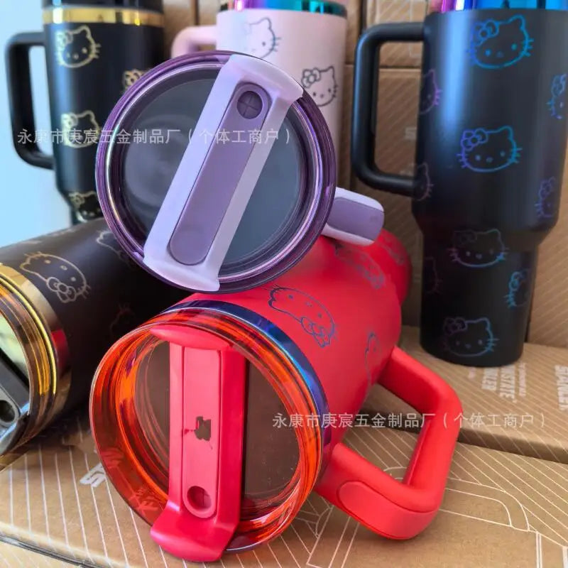 Hello Kitty Thermal Cup with Handle – Large Capacity Insulated Car Tumbler – Stainless Steel Ice Cup Water Bottle Mug for Girls Daily Outdoor Use