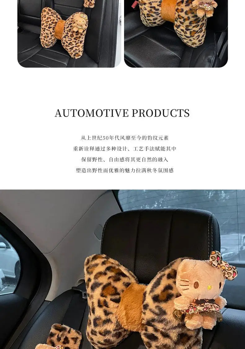 Hello Kitty Car Headrest Neck Pillow Seat Leopard Print Cushion Car Accessory for Girls Car Pillow Lumbar Support Accessories