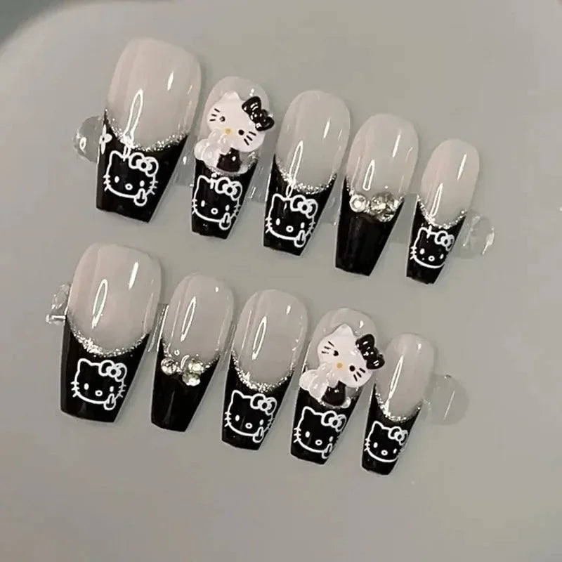 Hello Kitty Press-On Nails –  Cat Eye Shiny Wearable Nail Set – Reusable Handmade Cartoon Nail Art for Women
