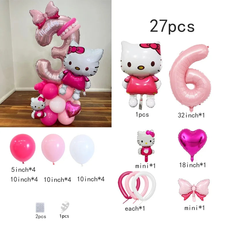 Hello Kitty Number Foil Balloon Set, Cute Cartoon Bubble Mart, Kids Birthday Party Decoration, Room Decor