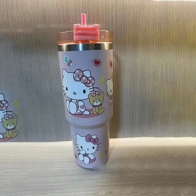 Kawaii Hello Kitty 900ML Thermos Cup Anime Sanrio Kuromi Cinnamoroll High Capacity Car Cup 304 Stainless Steel Vacuum Coffee Cup