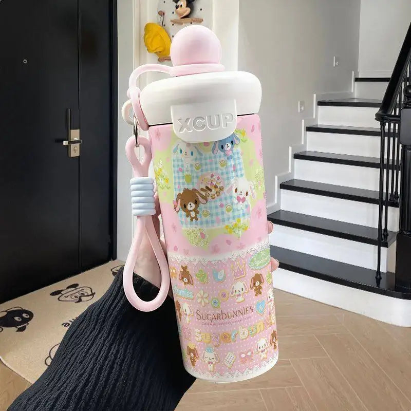 600ml Sugarbunnies Cute Cartoon Stainless Steel Floating Ball Straw Insulated Cup Large Capacity Portable Coffee Mug Plush Toys