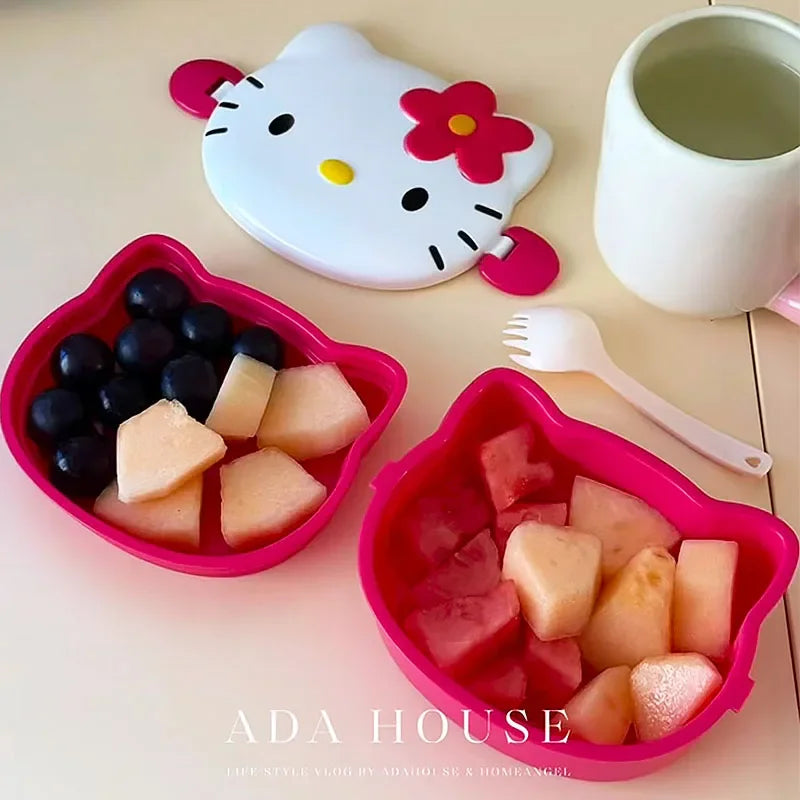 Kawaii Hello Kitty Double Lunch Box Microwave Plastic Lunch Box Student Fruit Lunch Box Cute Daily Tableware