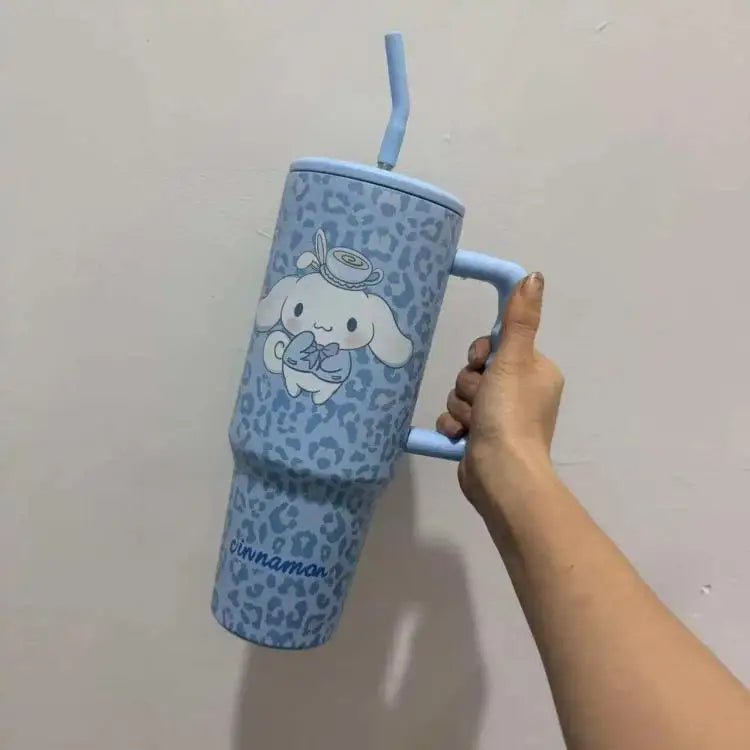 Hello Kitty Leopard Print Straw Thermos Water Bottle – Stainless Steel Insulated Cold Cup – Travel Sports Tumbler for Girls Birthday Gift.