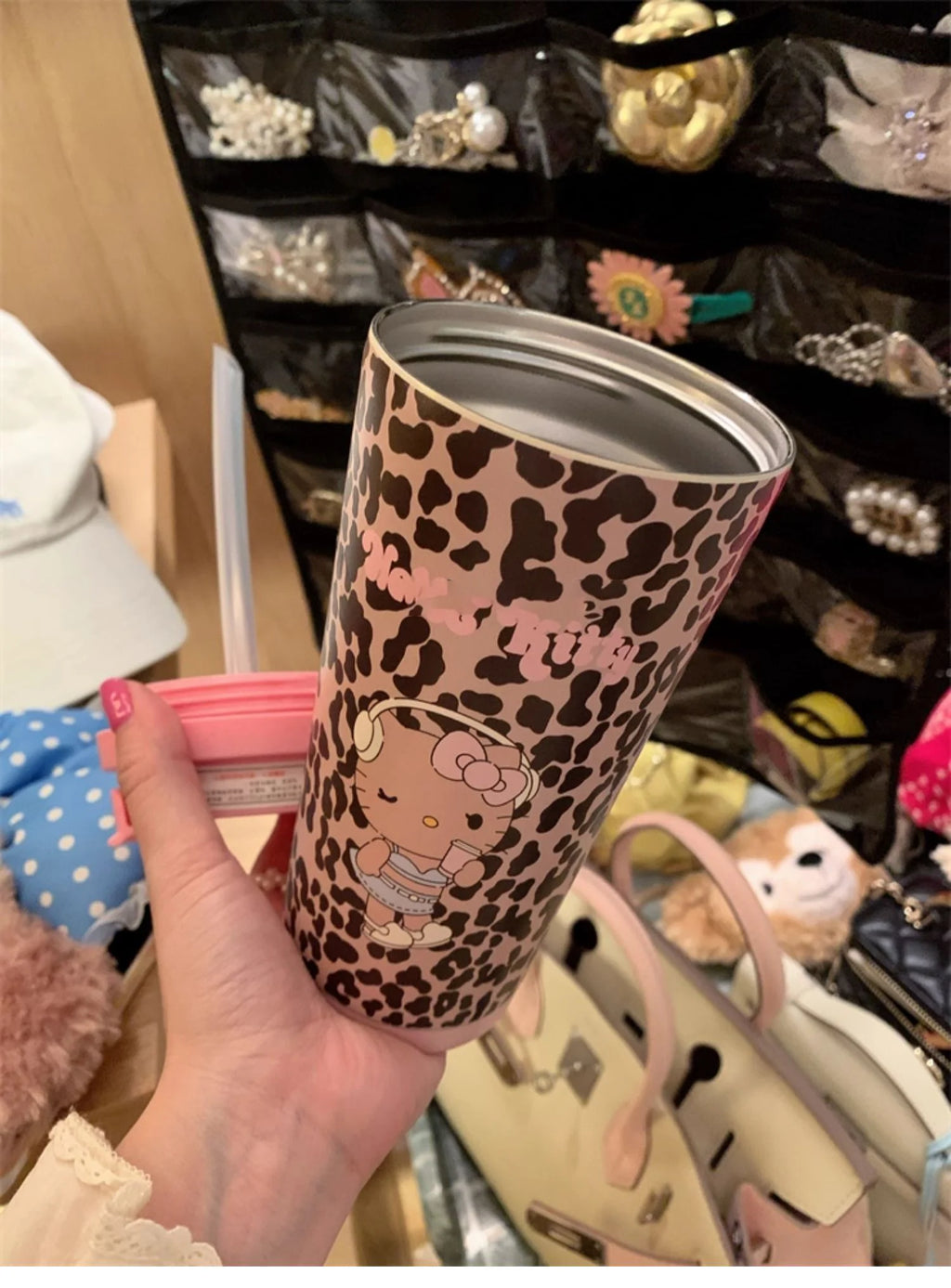 Cartoon Leopard HelloKitty Mug Stainless Steel Student Straw Double-drinking Large-capacity Coffee Cup Lovely Birthday Gift