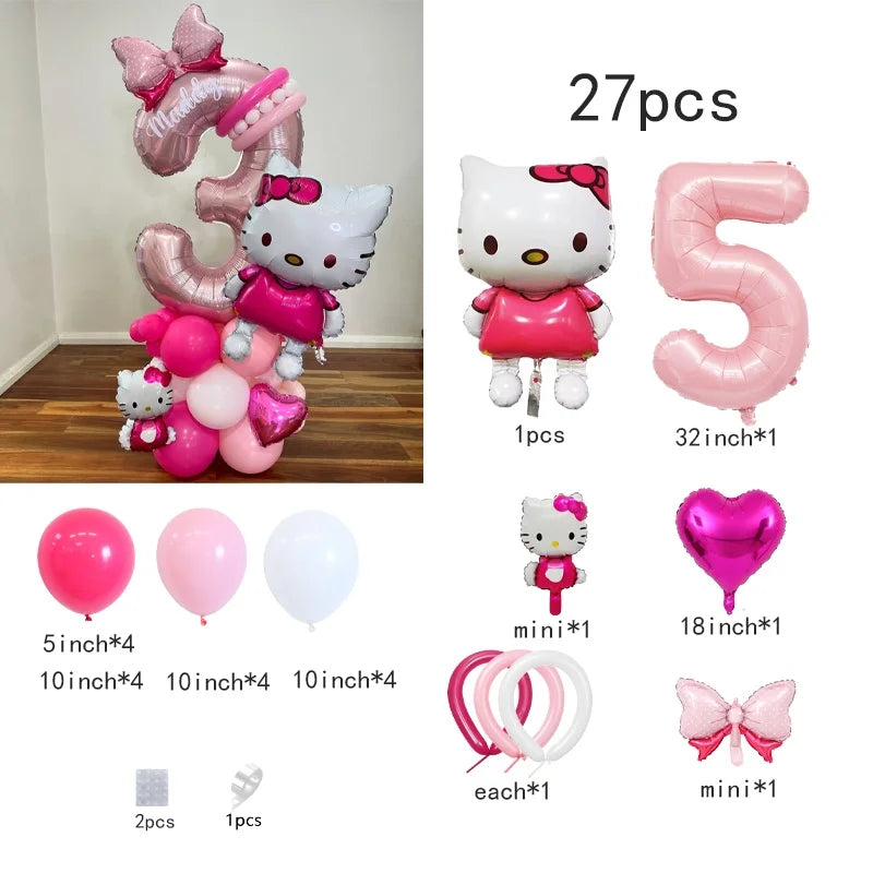 Hello Kitty Number Foil Balloon Set, Cute Cartoon Bubble Mart, Kids Birthday Party Decoration, Room Decor