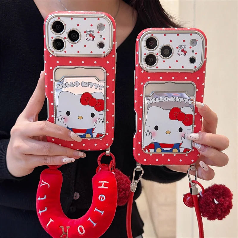 Hello Kitty Red Mirror Phone Case with Card Slot & Plush Wrist Strap – Cute Protective Cover for iPhone 13, 14, 15, 16 & 17 Pro Max