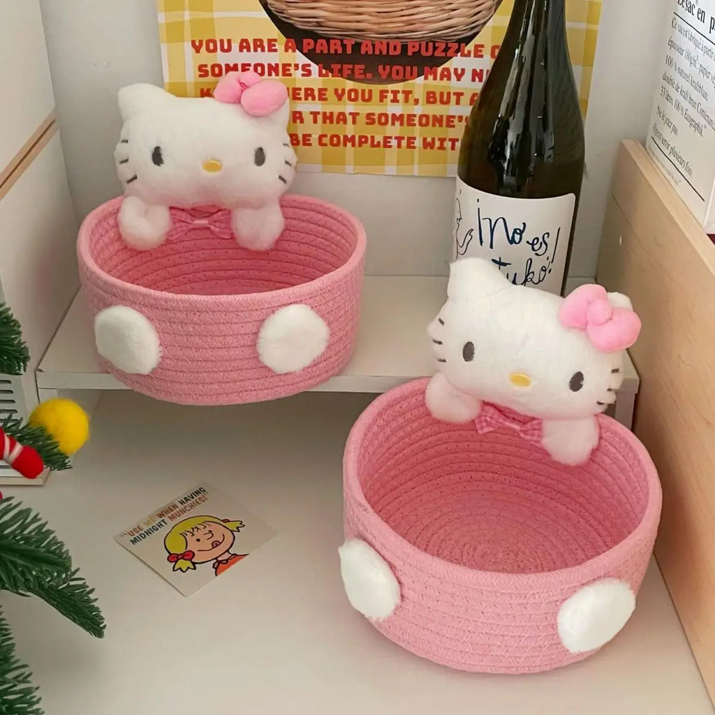 Hello Kitty Kuromi Woven Storage Basket Desktop Clutter Receiver Creative Dopamine Snack Basket Household Cosmetics Storage Box
