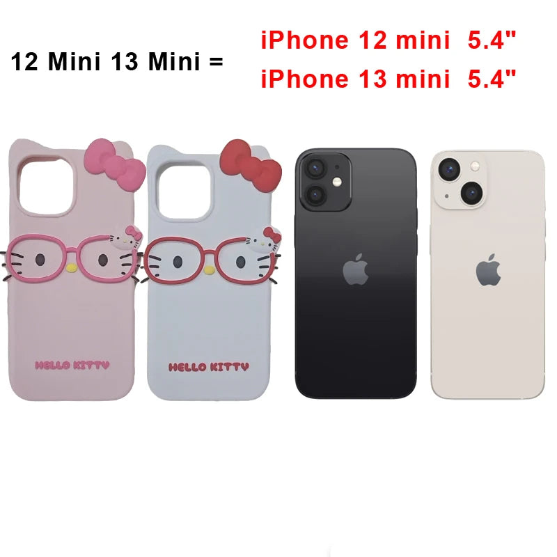 Hello Kitty 3D Glasses Cat Silicone Phone Case – Cute Shockproof Cover for iPhone 4/4S, 5/5S, SE, 7, 8, 11, 12 Mini, 13, 14, 15 Plus, 16 & 17 Pro Max