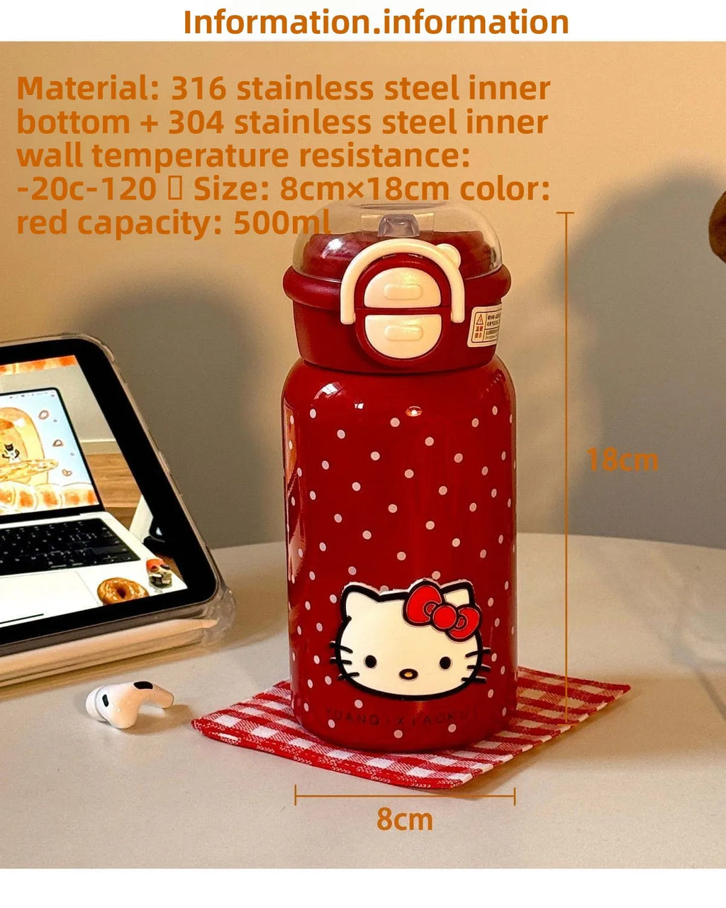 Hello Kitty Retro Red Polka Dot Thermos Cup – 316 Stainless Steel Vacuum Travel Water Bottle for Students