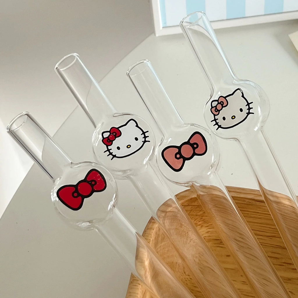 Hello Kitty Anime Ins Style Cute Cartoon Student Glass Straw KT Cat Creative High-value Household Thick Drinking Accessory Gifts