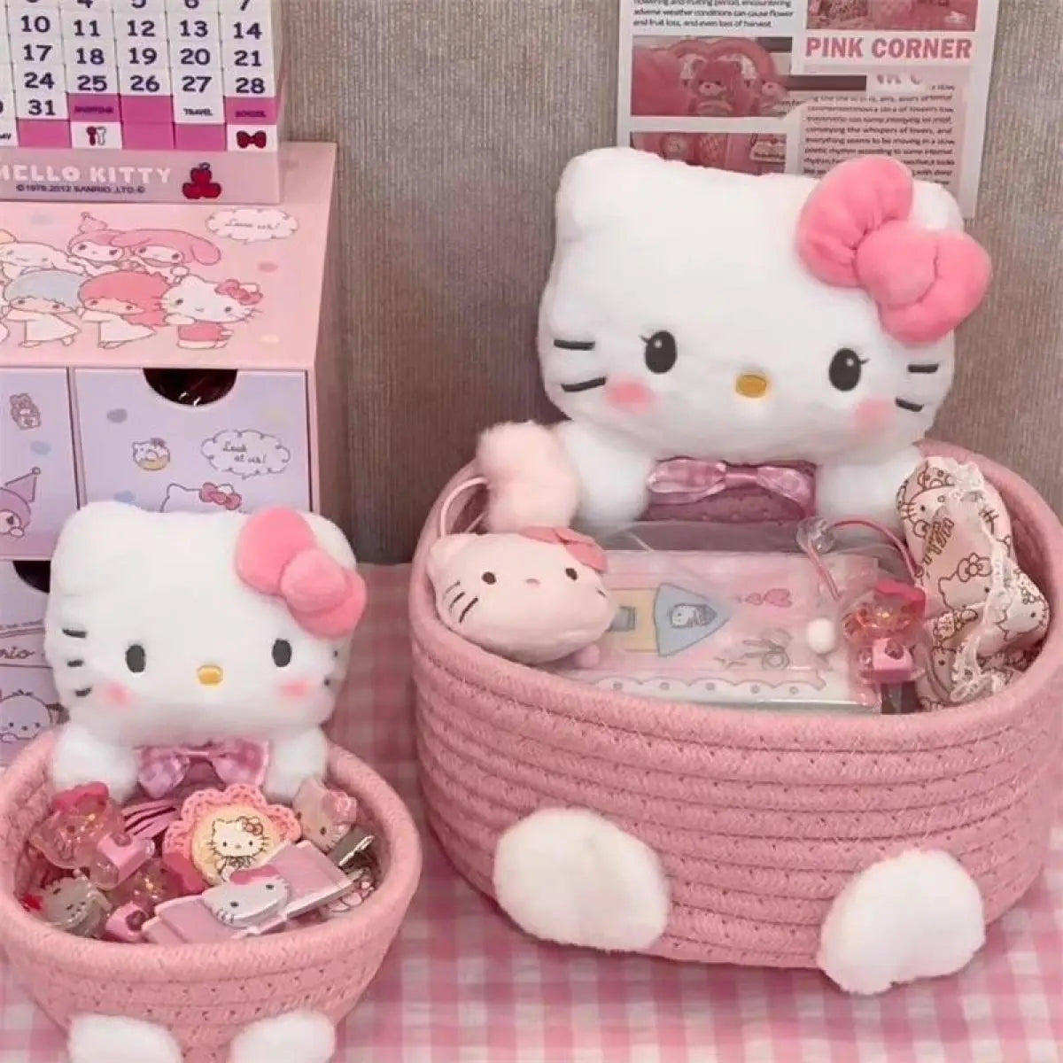 Hello Kitty Kuromi Woven Storage Basket Desktop Clutter Receiver Creative Dopamine Snack Basket Household Cosmetics Storage Box