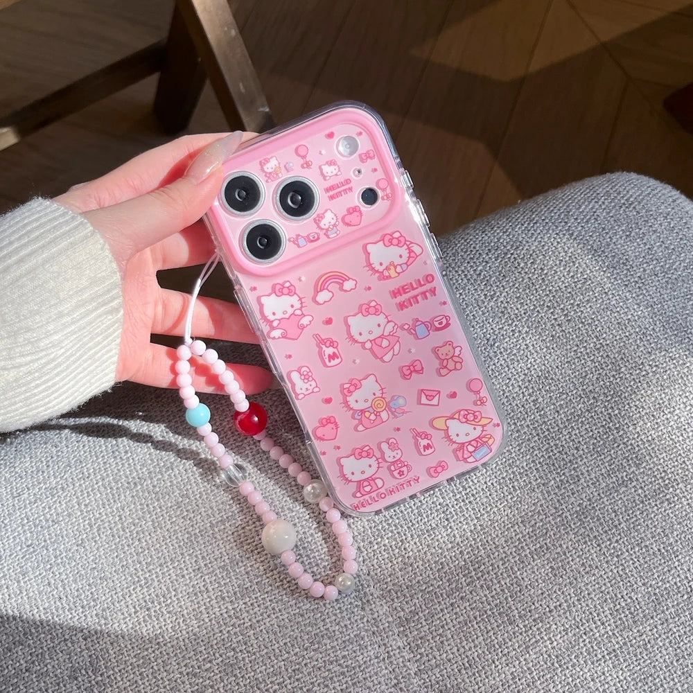 Cute Hello Kitty Illustration Phone Case with Lanyard – Shockproof Hard Cover for iPhone 13, 14, 15, 16 & 17 Pro Max