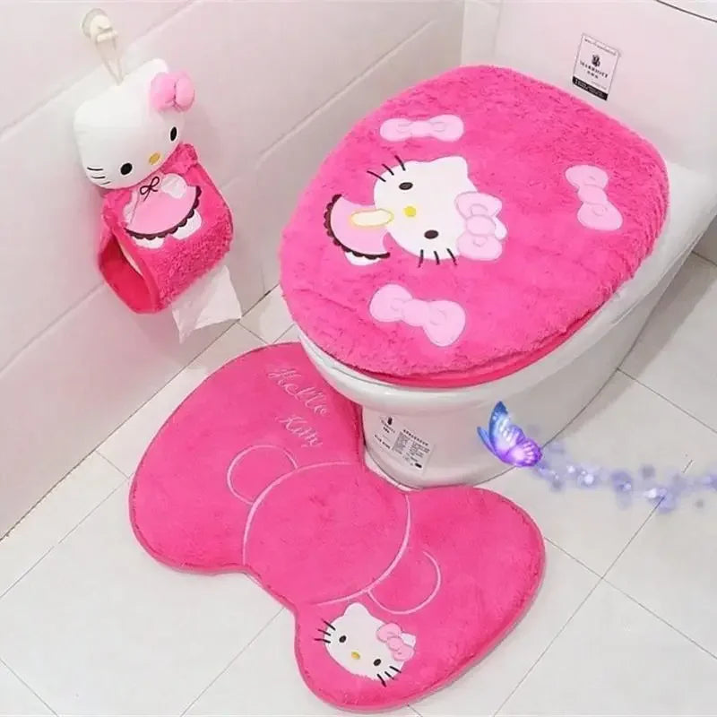 Hello Kitty 3-Piece Toilet Seat Cushion Set – Sanrio Plush Winter Bathroom Cover Set for Home Use