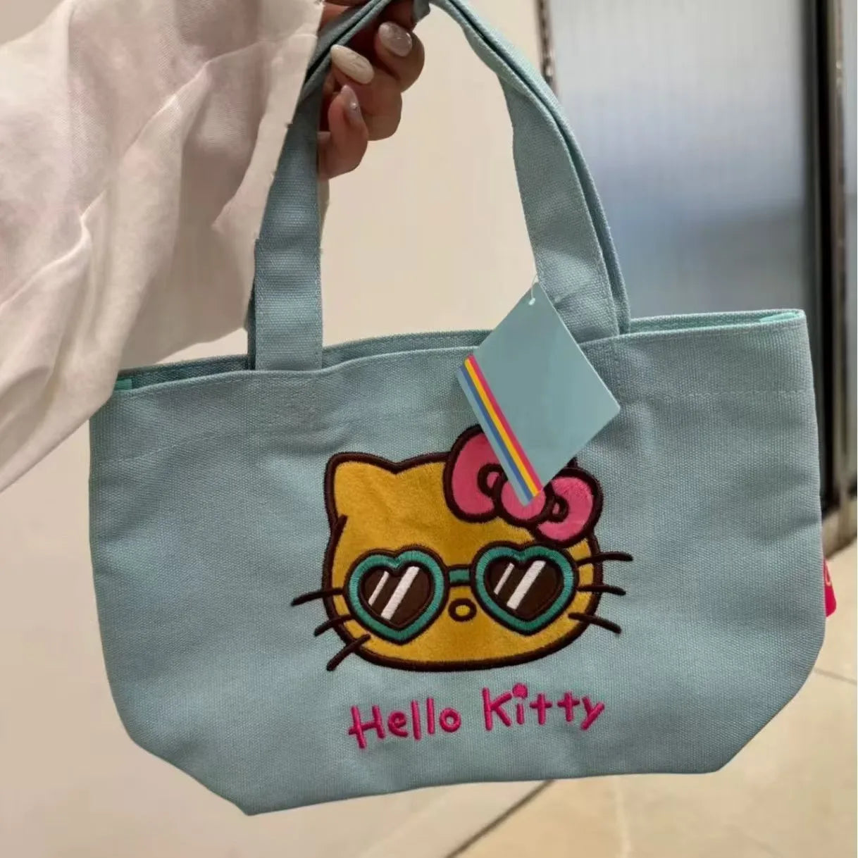 Hello Kitty Embroidered Canvas Tote Bag – Contrast Color Commuter Handbag for Everyday Use