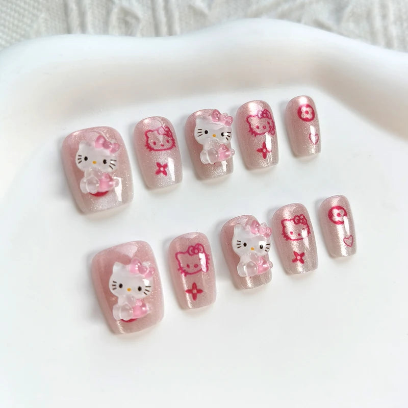 10Pcs Hello Kitty Press-On Nails – Cat Eye French Short False Nails – Handmade Wearable Manicure Nail Tips Set for Girls