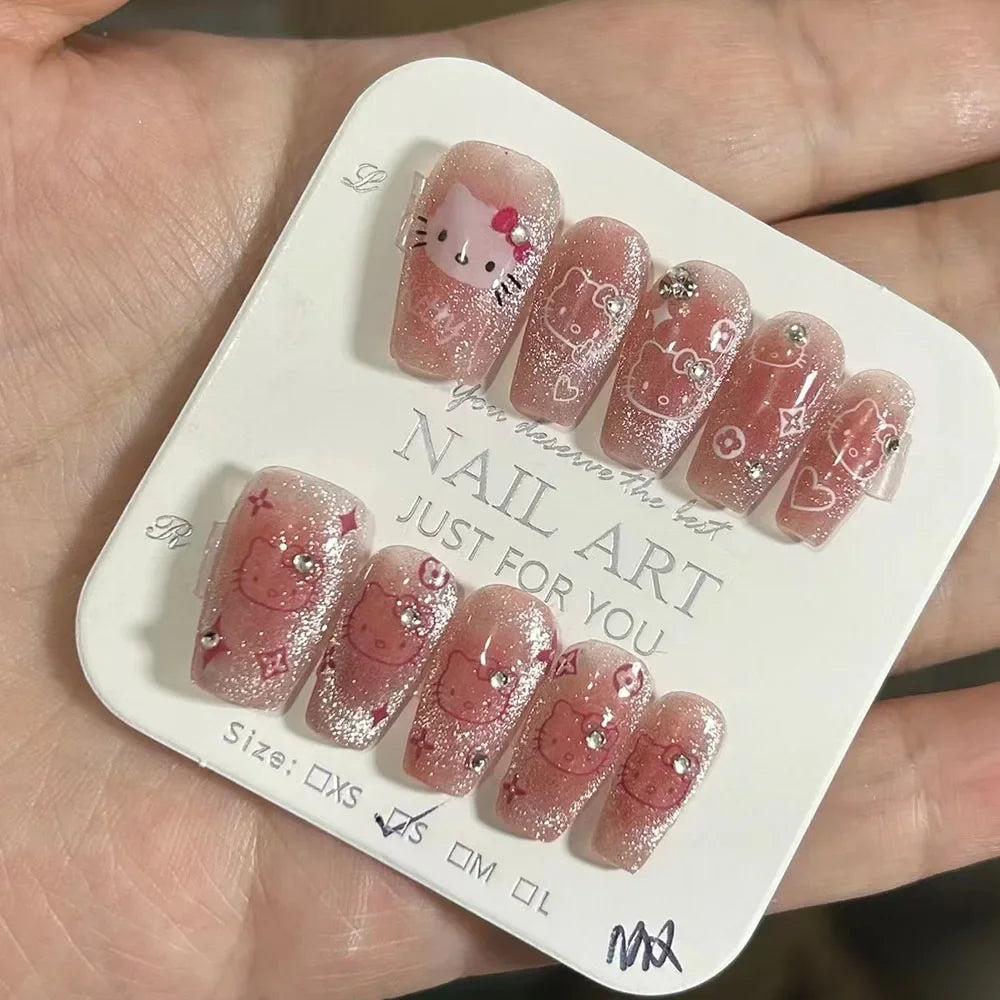 Hello Kitty Press-On Nails –  Cat Eye Shiny Wearable Nail Set – Reusable Handmade Cartoon Nail Art for Women