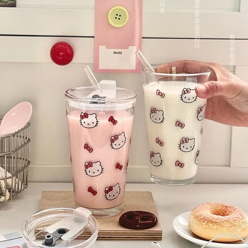 Anime Hello Kitty Double-Layered Glass Cup Kt Cat High-Quality Borosilicate Glass for Household Use Milk Cup Birthday Gifts