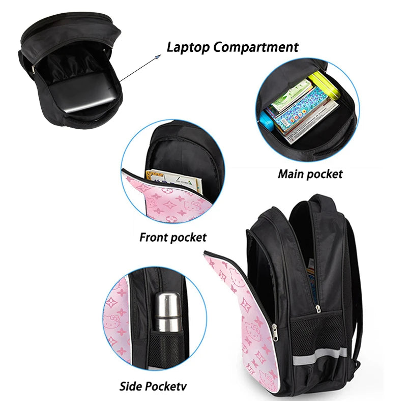 16-inch cartoon children's backpack, unisex, large capacity, double zippered pockets, ergonomic back support, Hello Kitty-theme