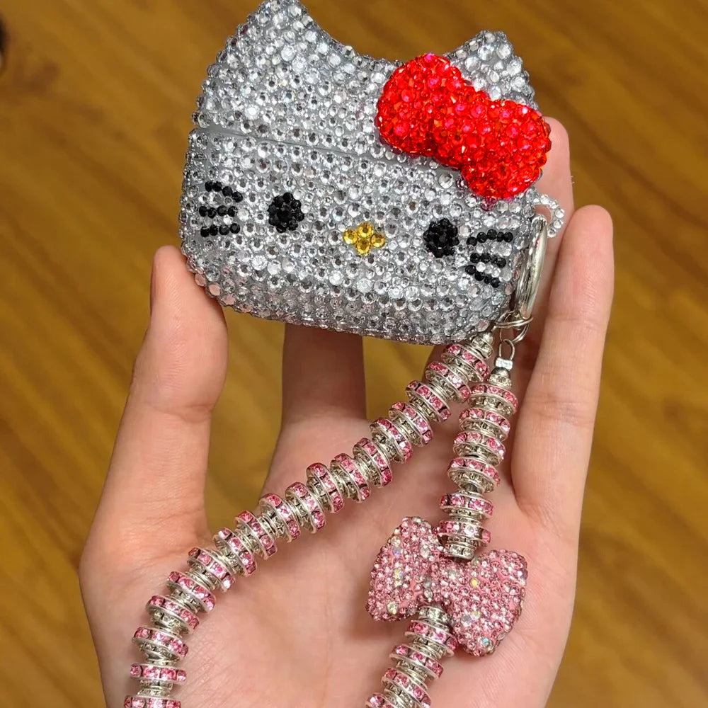 Hello Kitty Rhinestone Bling AirPods Case – Crystal Protective Cover with Keychain for AirPods Pro & AirPods