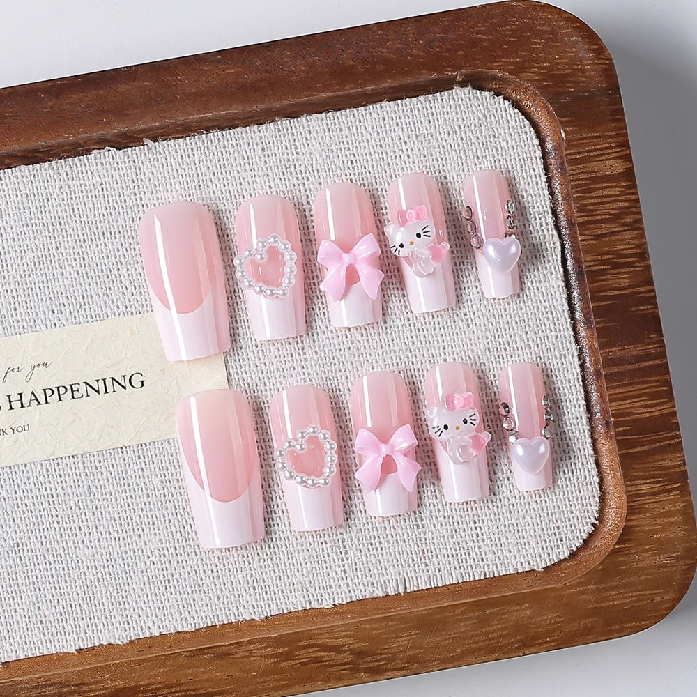 24Pcs 3D Hello Kitty Pearl Bow Press-On Nails – Medium Pink French Tip Nails – Cartoon Wearable Nail Set for Women