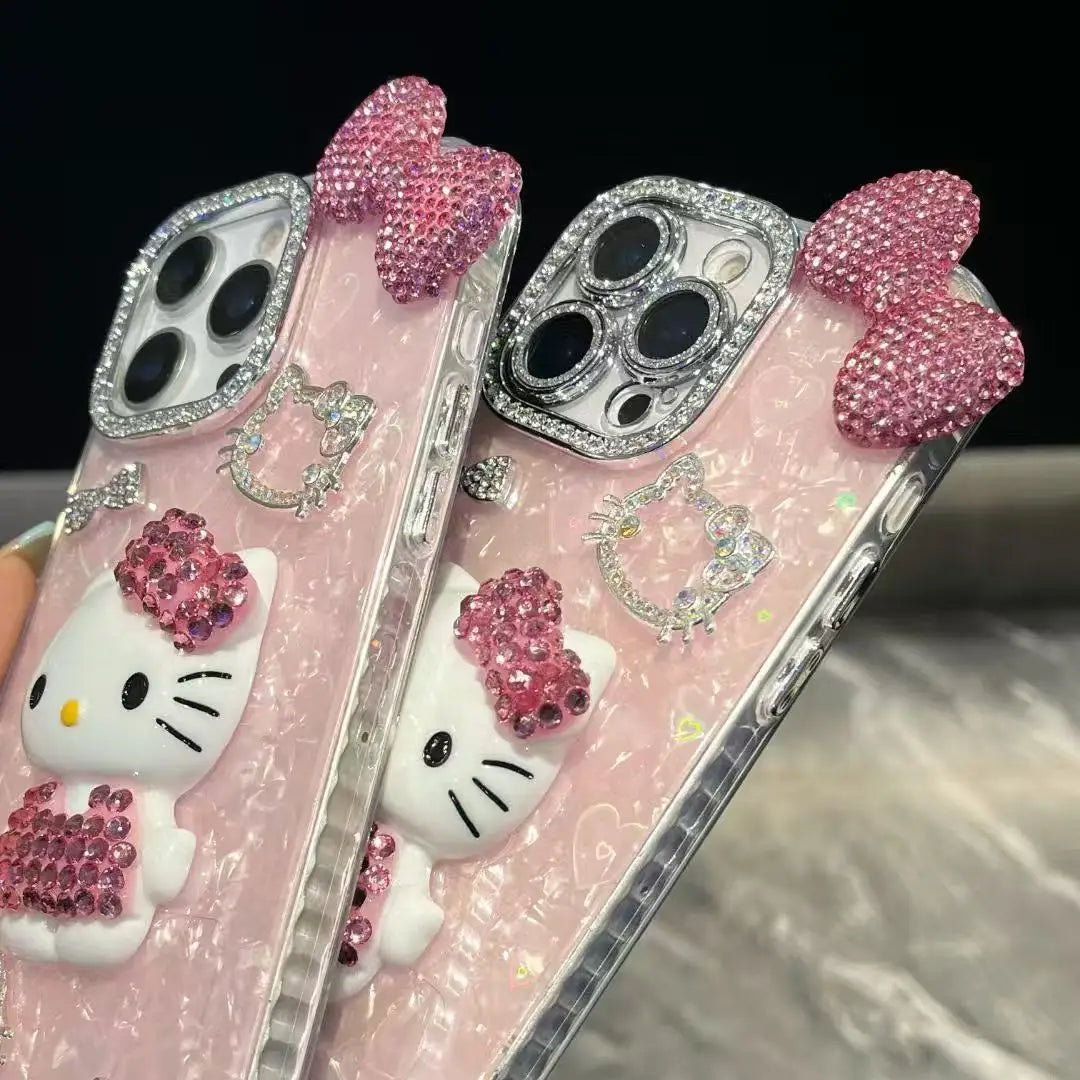 3D Hello Kitty Bling Glitter Phone Case – Sparkly Hard Protective Cover for iPhone 11, 12, 13, 14, 15, 16 & 17 Pro Max