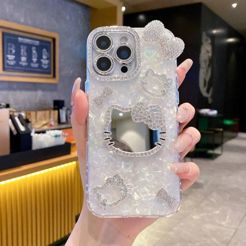 Luxury Makeup Mirror Glitter 3D Cute Cartoon Hello Kitty Sparkling Phone Case For iPhone12 13 14 15 16 17 Pro Max Plus Cover