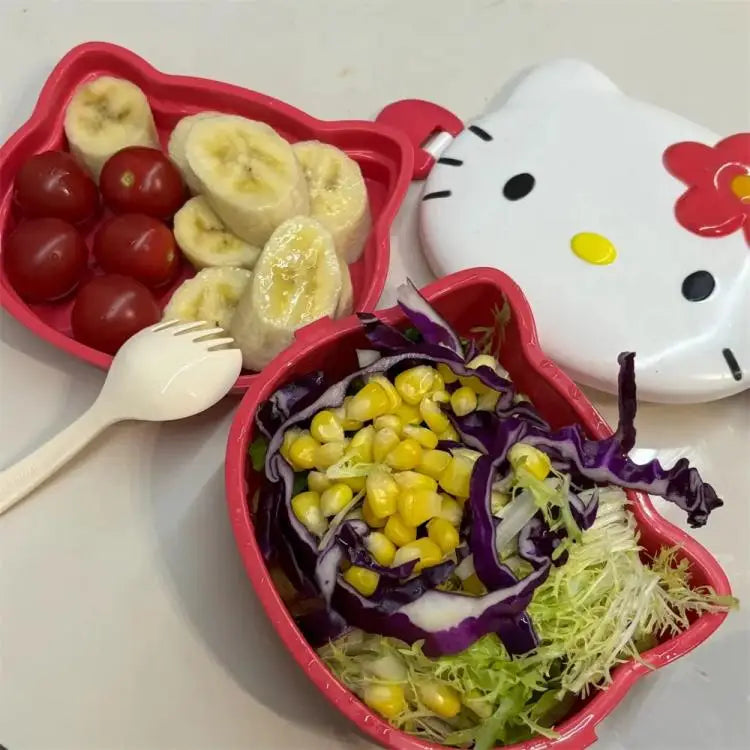 Kawaii Hello Kitty Double Lunch Box Microwave Plastic Lunch Box Student Fruit Lunch Box Cute Daily Tableware