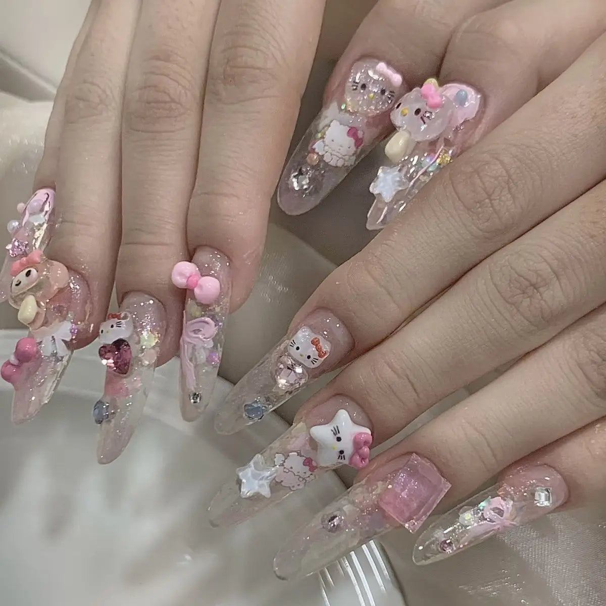 Hello Kitty Handmade Press-On Nails – Pink My Melody & Cinnamoroll Anime Nails – Detachable 3D Nail Art Decoration Set