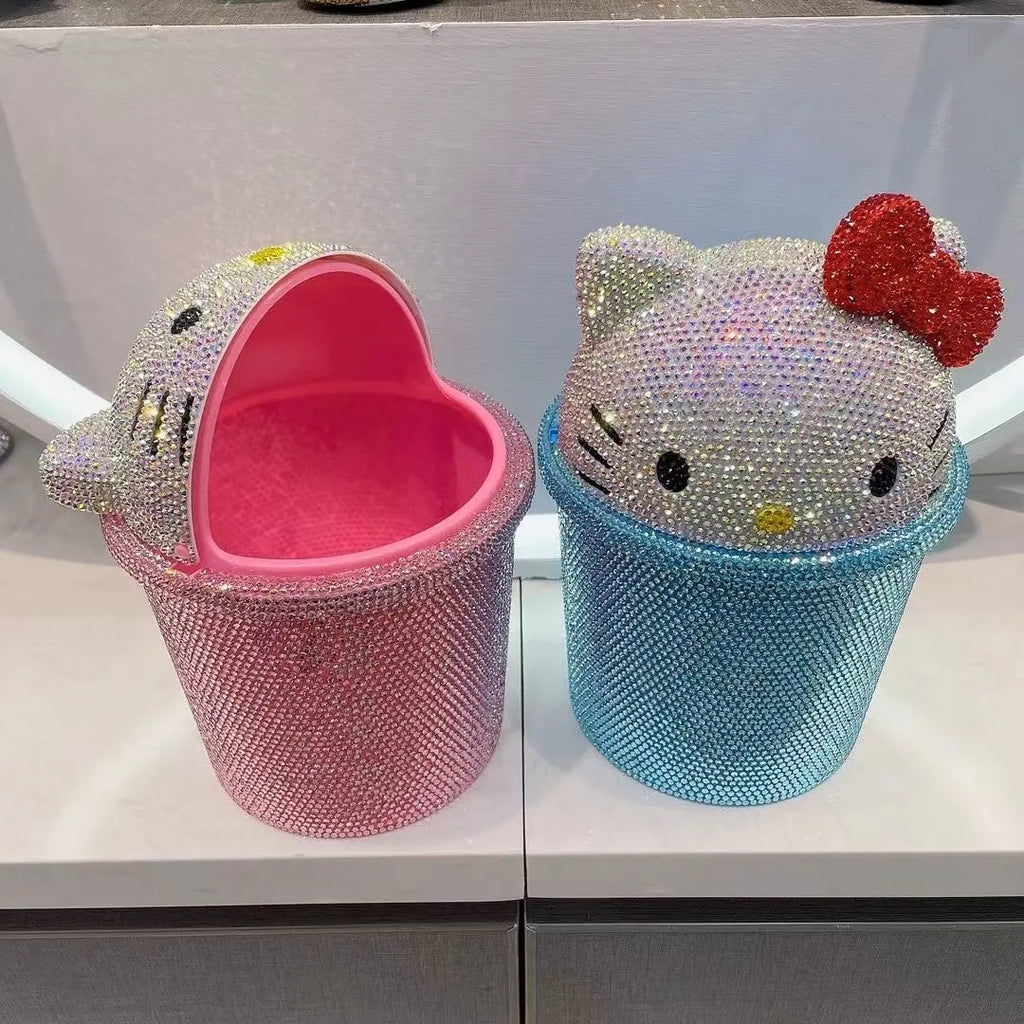 Hello Kitty Crystal Rhinestone Clamshell Dustbin – Cute Kawaii Desktop Trash Can & Storage Box for Home Decor