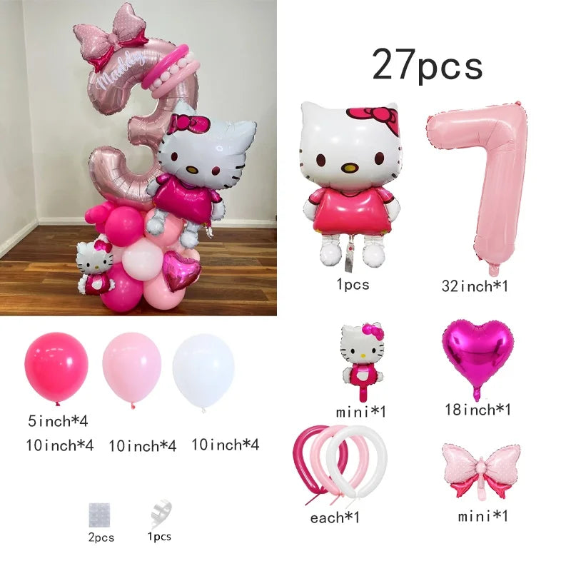 Hello Kitty Number Foil Balloon Set, Cute Cartoon Bubble Mart, Kids Birthday Party Decoration, Room Decor
