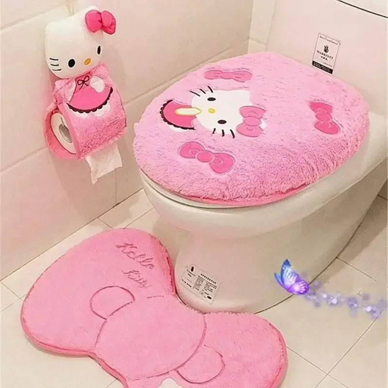 Hello Kitty 3-Piece Toilet Seat Cushion Set – Sanrio Plush Winter Bathroom Cover Set for Home Use