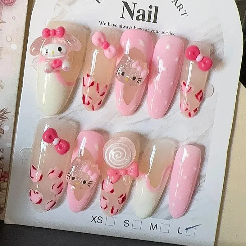 Hello Kitty Handmade Press-On Nails – Pink My Melody & Cinnamoroll Anime Nails – Detachable 3D Nail Art Decoration Set