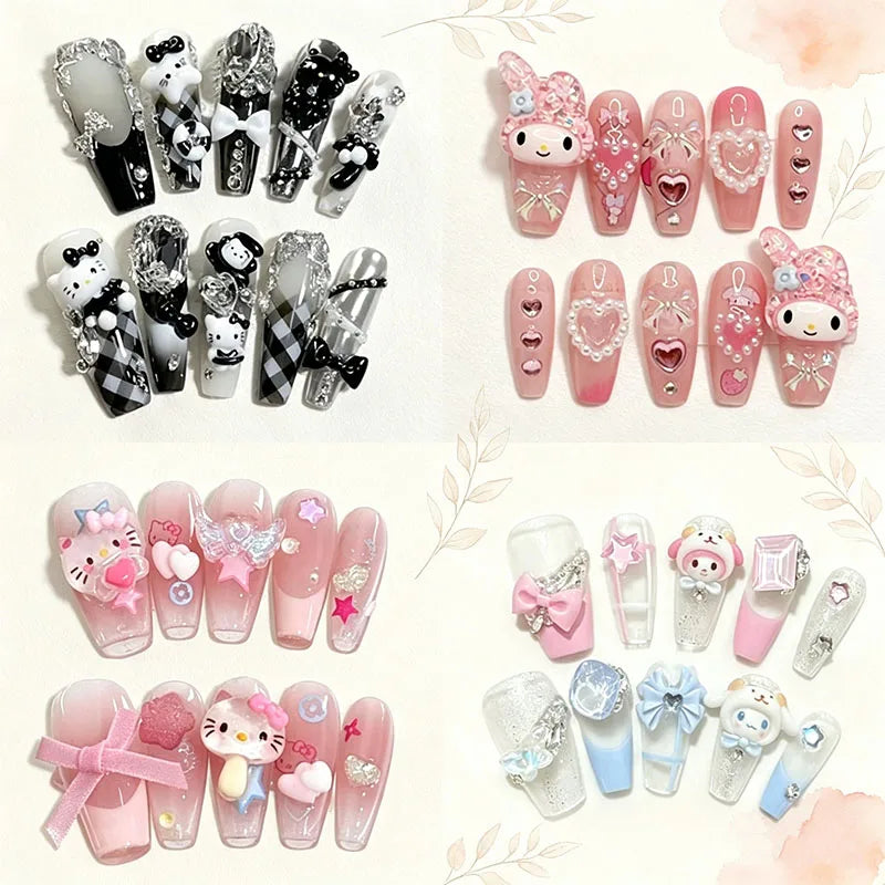 Hello Kitty Handmade Press-On Nails – Pink My Melody & Cinnamoroll Anime Nails – Detachable 3D Nail Art Decoration Set