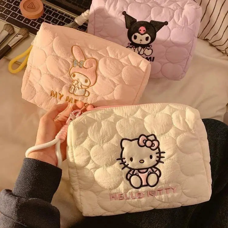 Hello Kitty Cute Quilted Makeup Bag Soft Cloud Texture Large Capacity Travel Cosmetics Storage Bag Toiletry Pouch Ladies Gifts