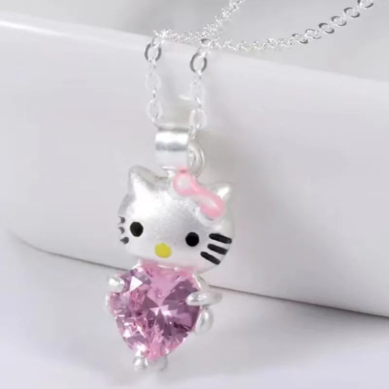Hello Kitty Pink Crystal Necklace – Kawaii Sanrio Silver-Tone Charm Pendant Jewelry for Women & Girls
