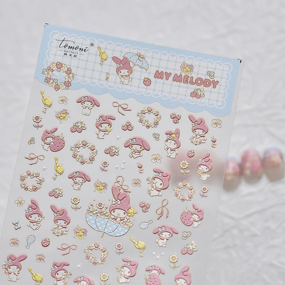 1PCS New Color Laser Hello Kitty Cartoon 5D Nail Stickers Sanrio Cinnamoroll Pochacco Nail Art Supplies DIY Nail Art Stickers