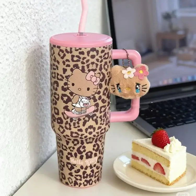 Hello Kitty Leopard Print Straw Thermos Water Bottle – Stainless Steel Insulated Cold Cup – Travel Sports Tumbler for Girls Birthday Gift.