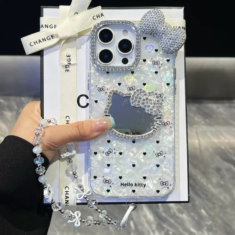 Hello Kitty 3D Bling Glitter Mirror Phone Case – Sparkly Hard Cover for iPhone 11, 12, 13, 14, 15 & 16 Pro Max