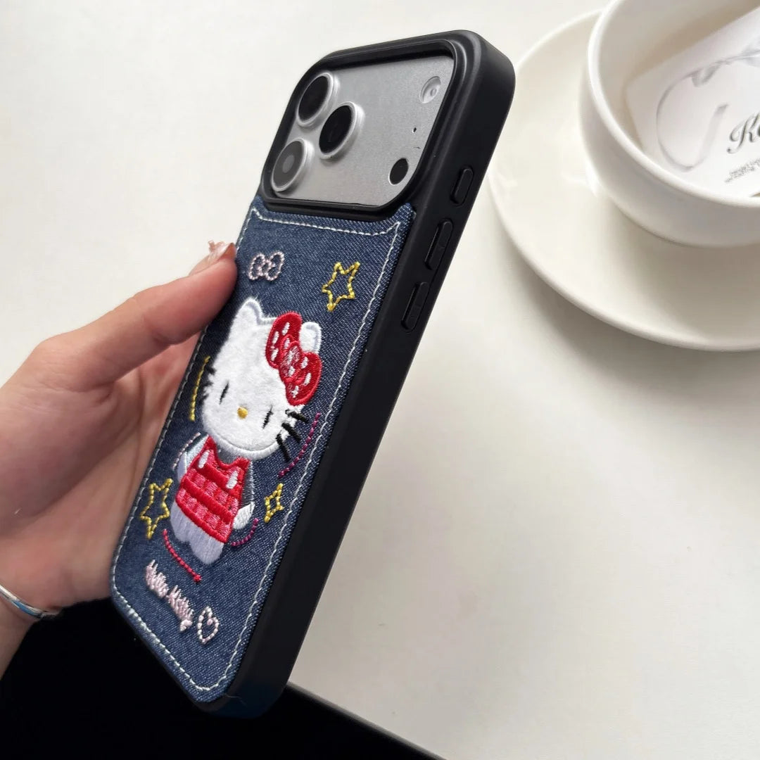Luxury Denim Leather Pattern Cartoon Hello Kitty Case For iPhone 17 15 14 Pro Max 17 Pro Love Heart Stars Style Shockproof Cover