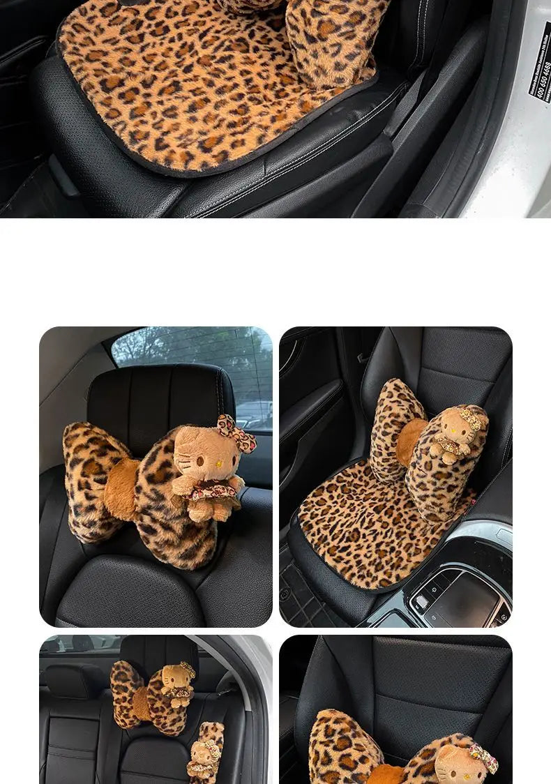 Hello Kitty Car Headrest Neck Pillow Seat Leopard Print Cushion Car Accessory for Girls Car Pillow Lumbar Support Accessories