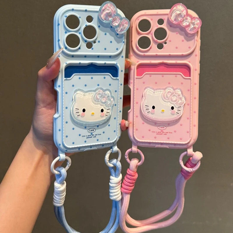 Kawaii Hello Kitty 3D Bow Phone Case with Card Holder & Lanyard – Protective Cover for iPhone 11, 12, 13, 14, 15, 16 & 17 Pro Max