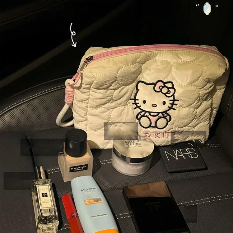 Hello Kitty Cute Quilted Makeup Bag Soft Cloud Texture Large Capacity Travel Cosmetics Storage Bag Toiletry Pouch Ladies Gifts