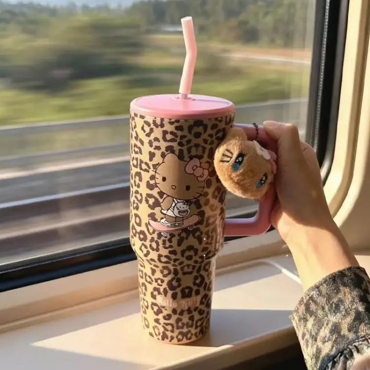 Hello Kitty Leopard Print Straw Thermos Water Bottle – Stainless Steel Insulated Cold Cup – Travel Sports Tumbler for Girls Birthday Gift.